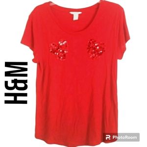 H&M red top with sequin red hearts size Large